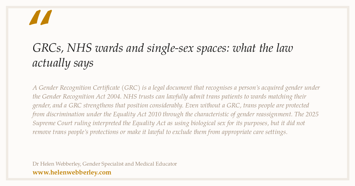 GRCs, NHS wards and single-sex spaces: what the law actually says