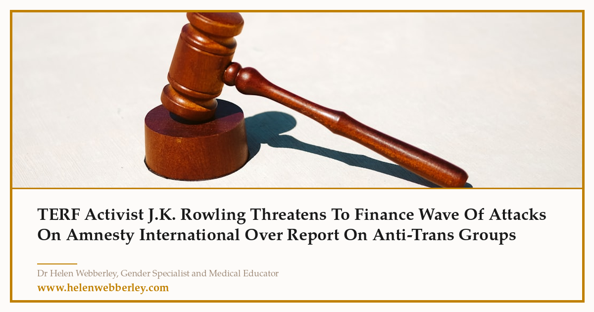 Rowling bankrolls attacks on Amnesty over anti-trans report | Dr Helen Webberley